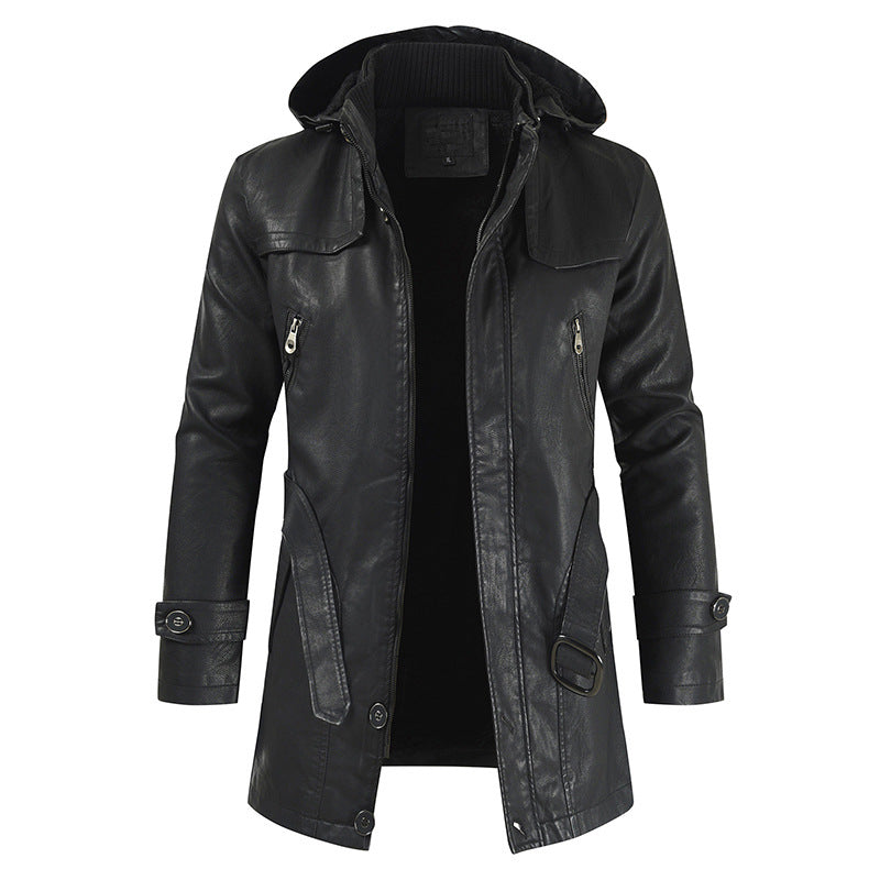 Embossed Leather Plain Mid-Length Hooded Winter Men's Leather Jacket