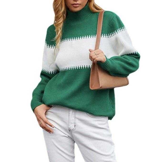 Color Block Patchwork Loose Turtleneck Women's Casual Pullover Sweater