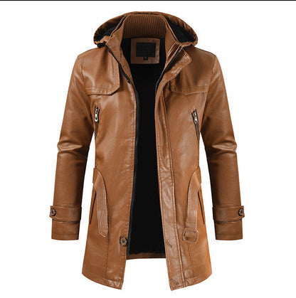 Embossed Leather Plain Mid-Length Hooded Winter Men's Leather Jacket