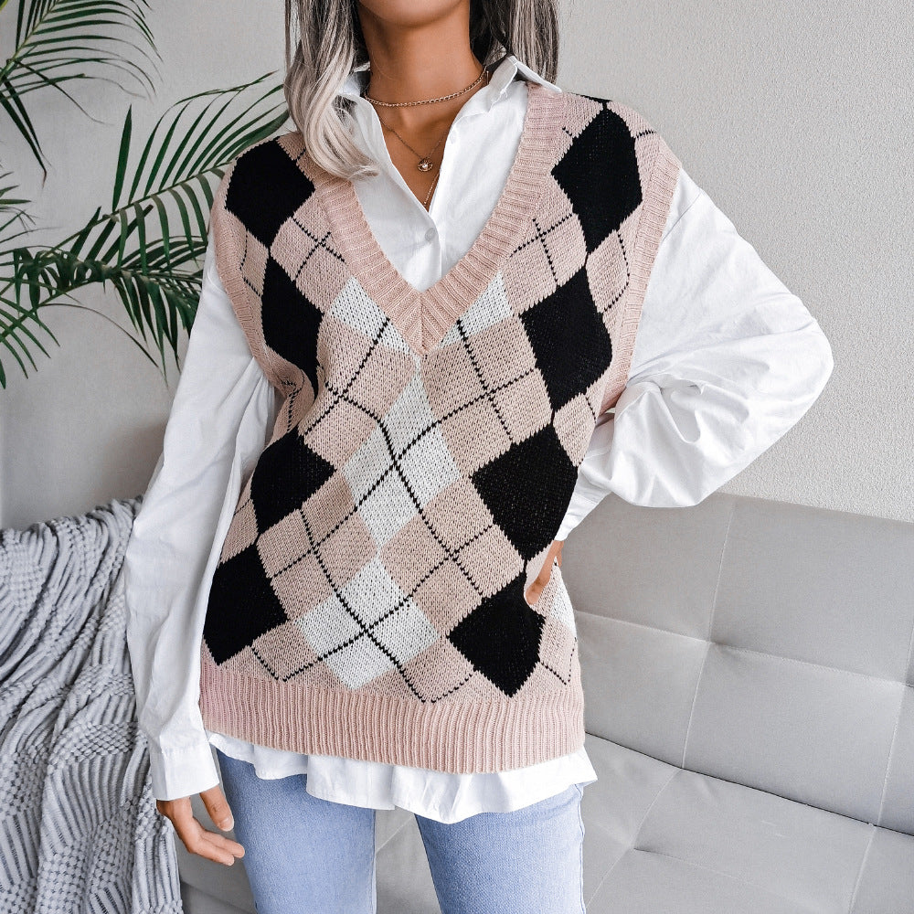 V Neck Loose Square Print Sleeveless Women's Sweater Knitted Vest