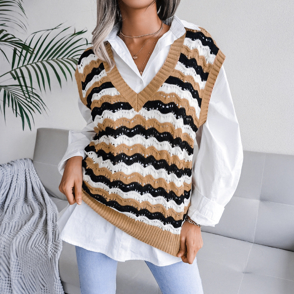 V Neck Loose Stripes Print Sleeveless Women's Sweater Knitted Vest