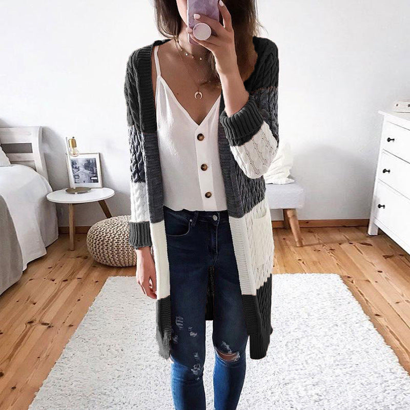 Middle Length Color Block Patchwork Loose Wrapped Women Cardigan Sweater
