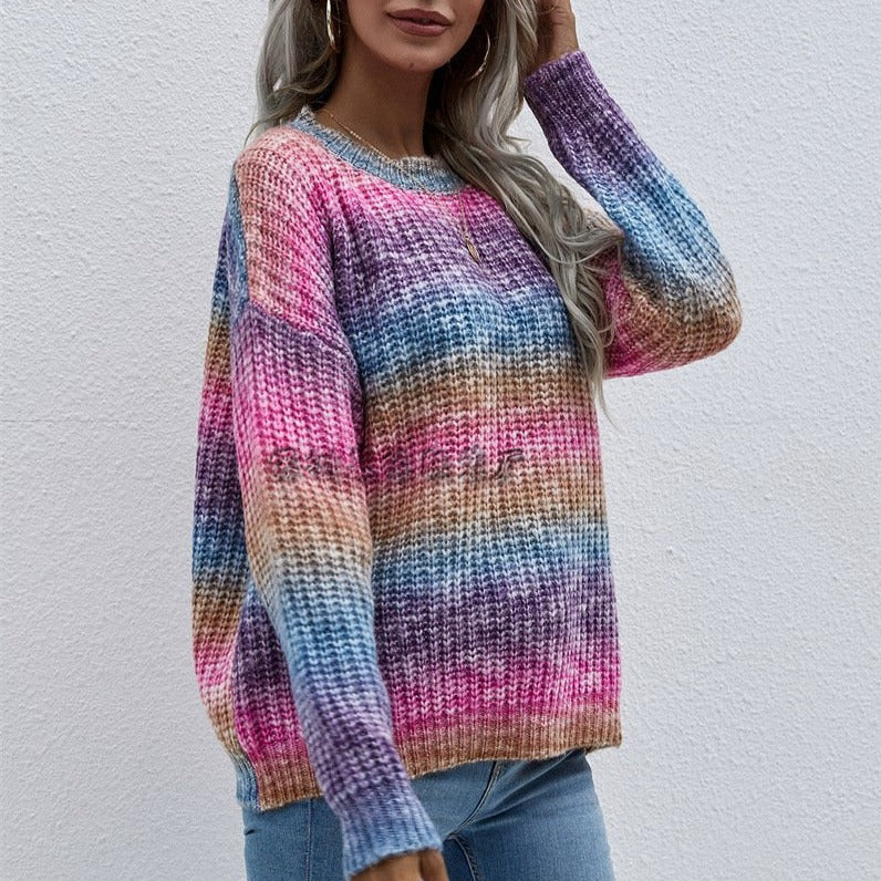 Pullover Striped Round Neck Knit Loose Plus Size Rainbow Ladies Sweater