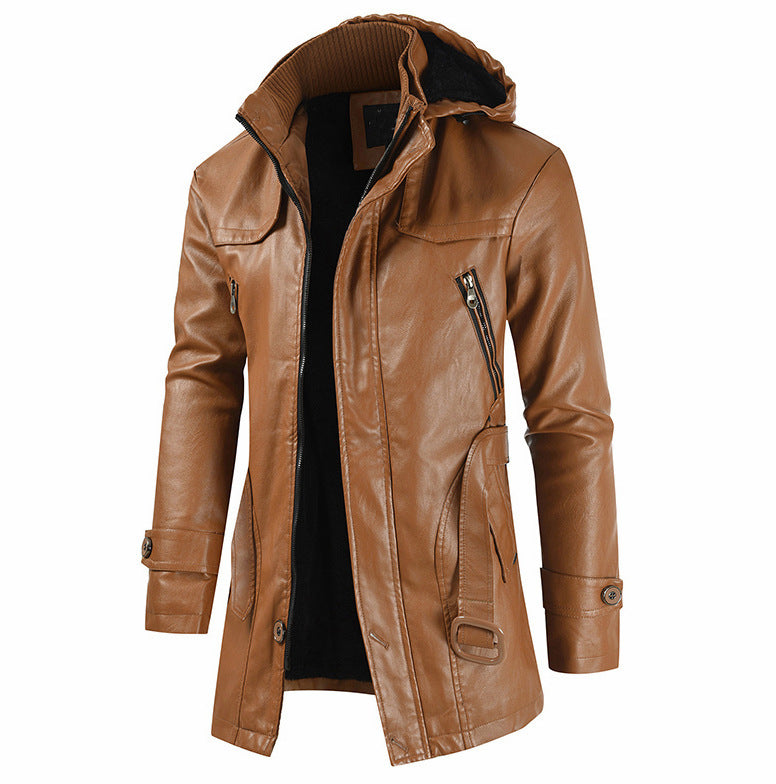 Embossed Leather Plain Mid-Length Hooded Winter Men's Leather Jacket