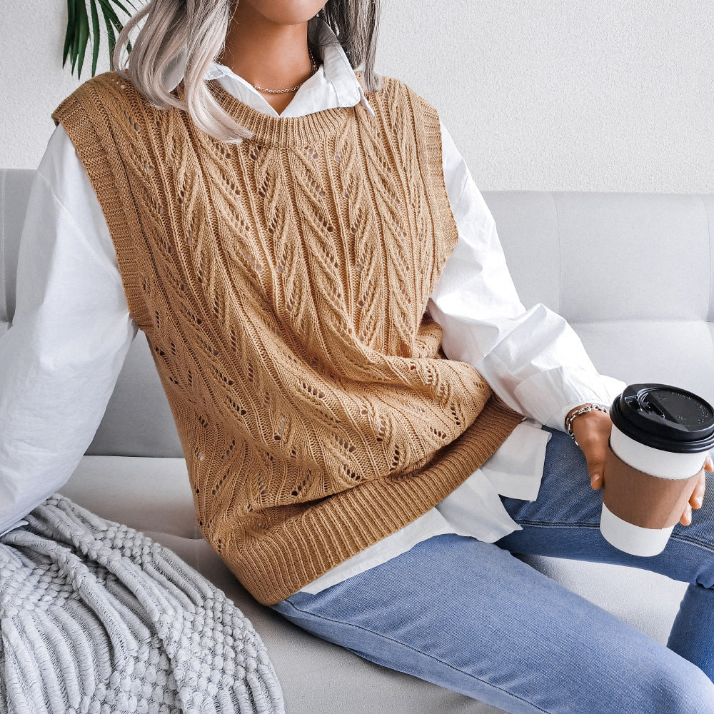 Solid Color Scoop Loose Hollow Sleeveless Fall Women's Sweater Knitted Vest