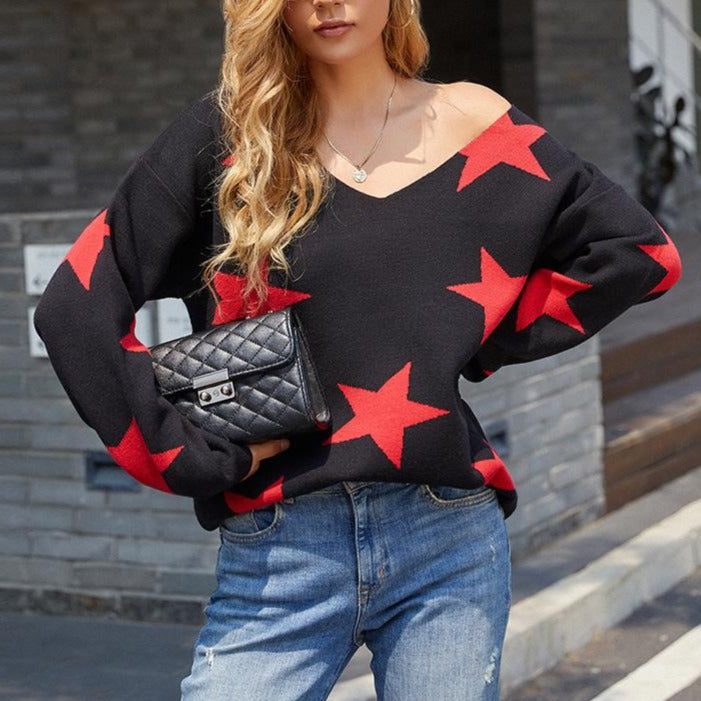 Five-pointed Star Print V Neck Loose Women's Pullover Sweater