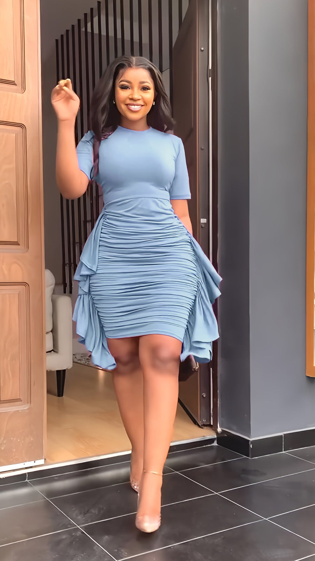 Elegant Office Lady Summer  Ruffles Decor O-Neck Short Sleeve Mid Waist Slim Hips Dress