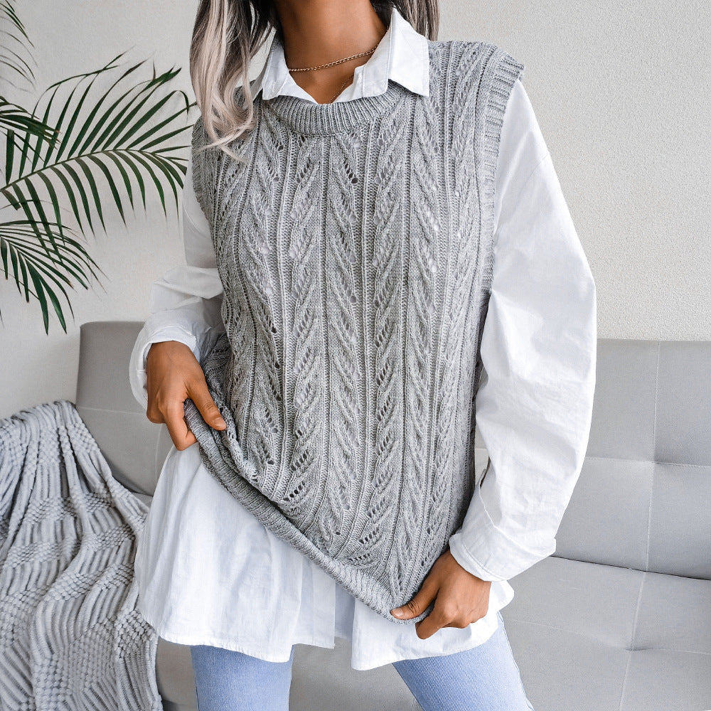 Solid Color Scoop Loose Hollow Sleeveless Fall Women's Sweater Knitted Vest