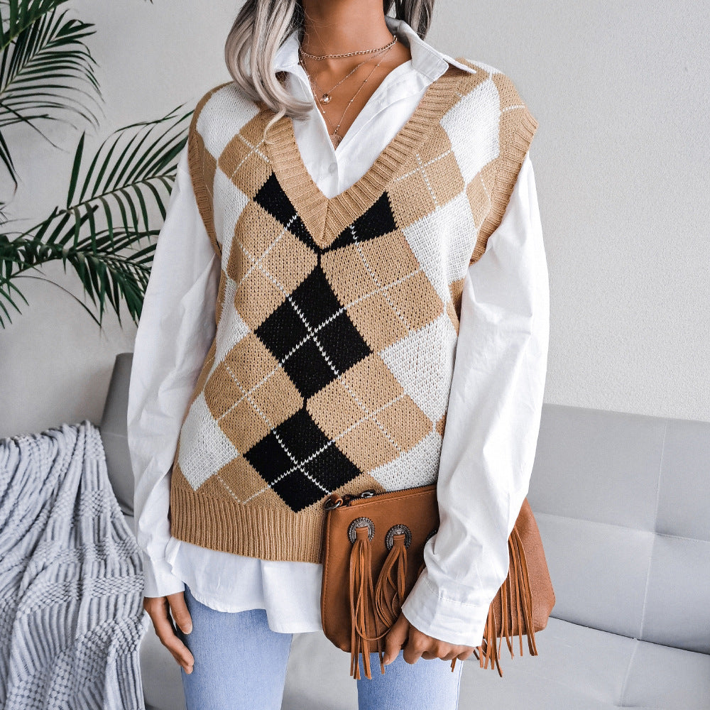 V Neck Loose Square Print Sleeveless Women's Sweater Knitted Vest