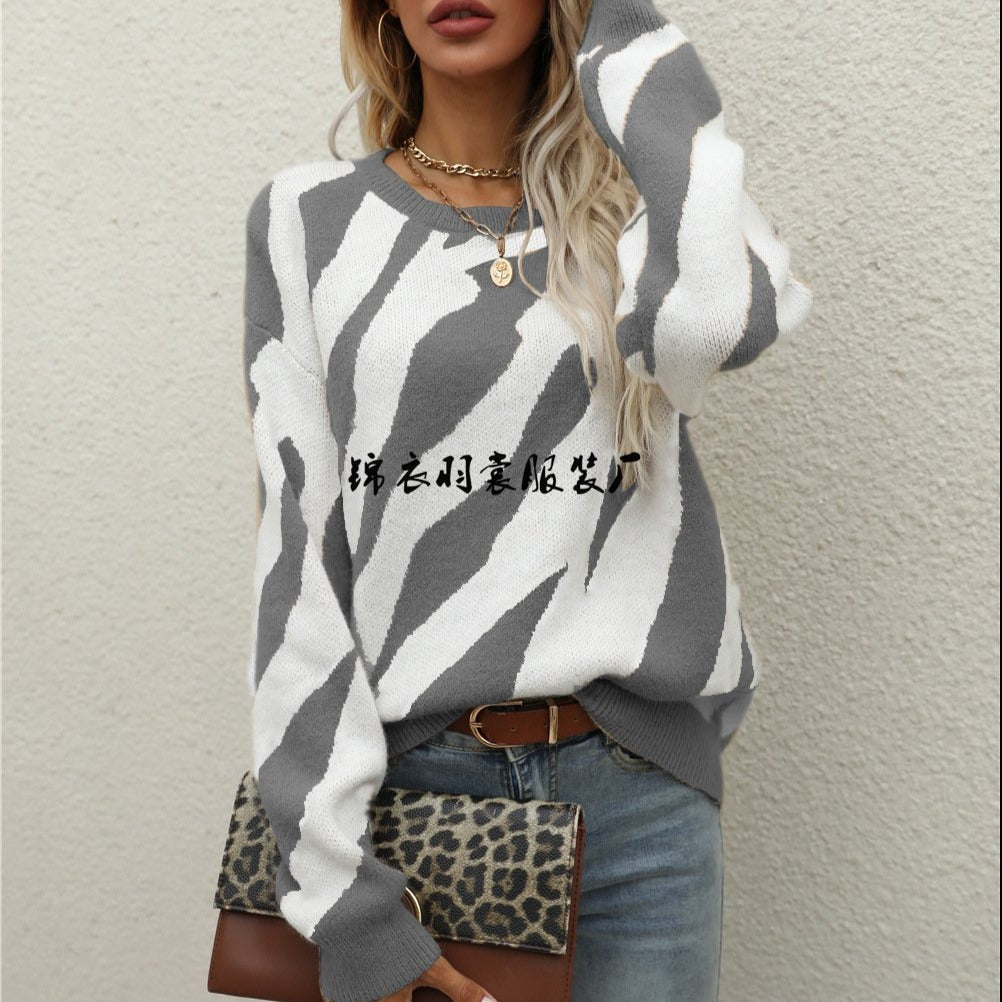 Stripes Loose Round Neck Fall Women's Pullover Sweater