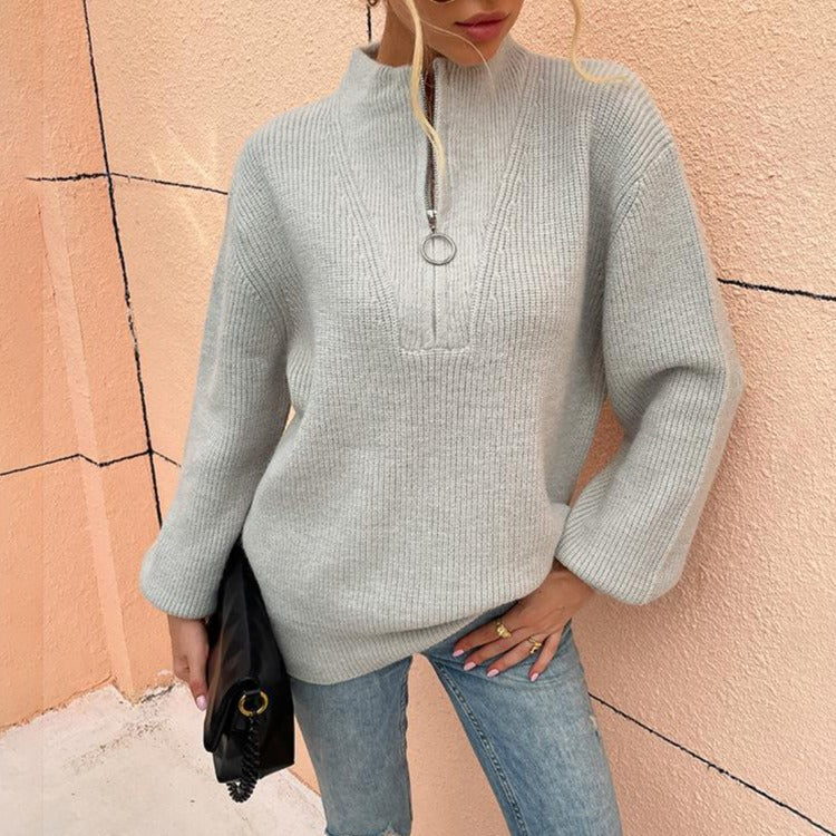 Zipper Decor Plain Loose Turtleneck Women's Pullover Sweater