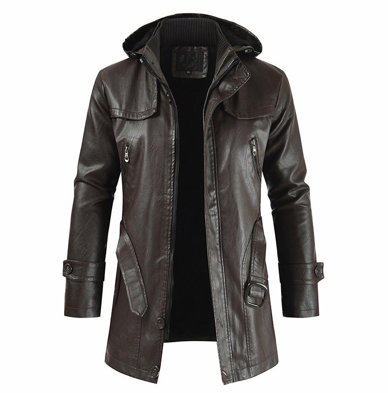 Embossed Leather Plain Mid-Length Hooded Winter Men's Leather Jacket