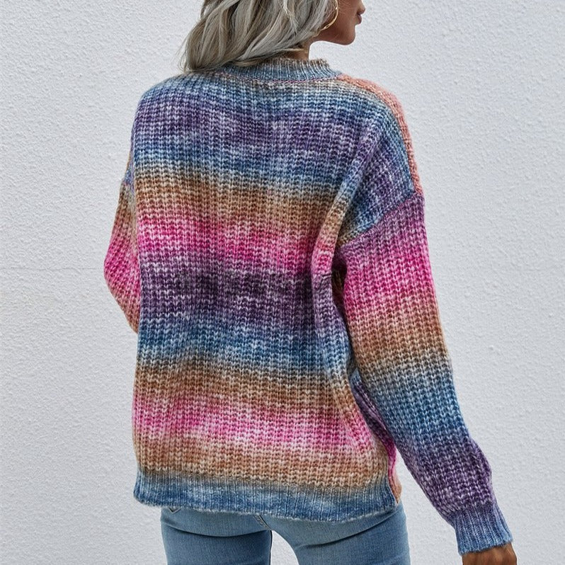 Pullover Striped Round Neck Knit Loose Plus Size Rainbow Ladies Sweater