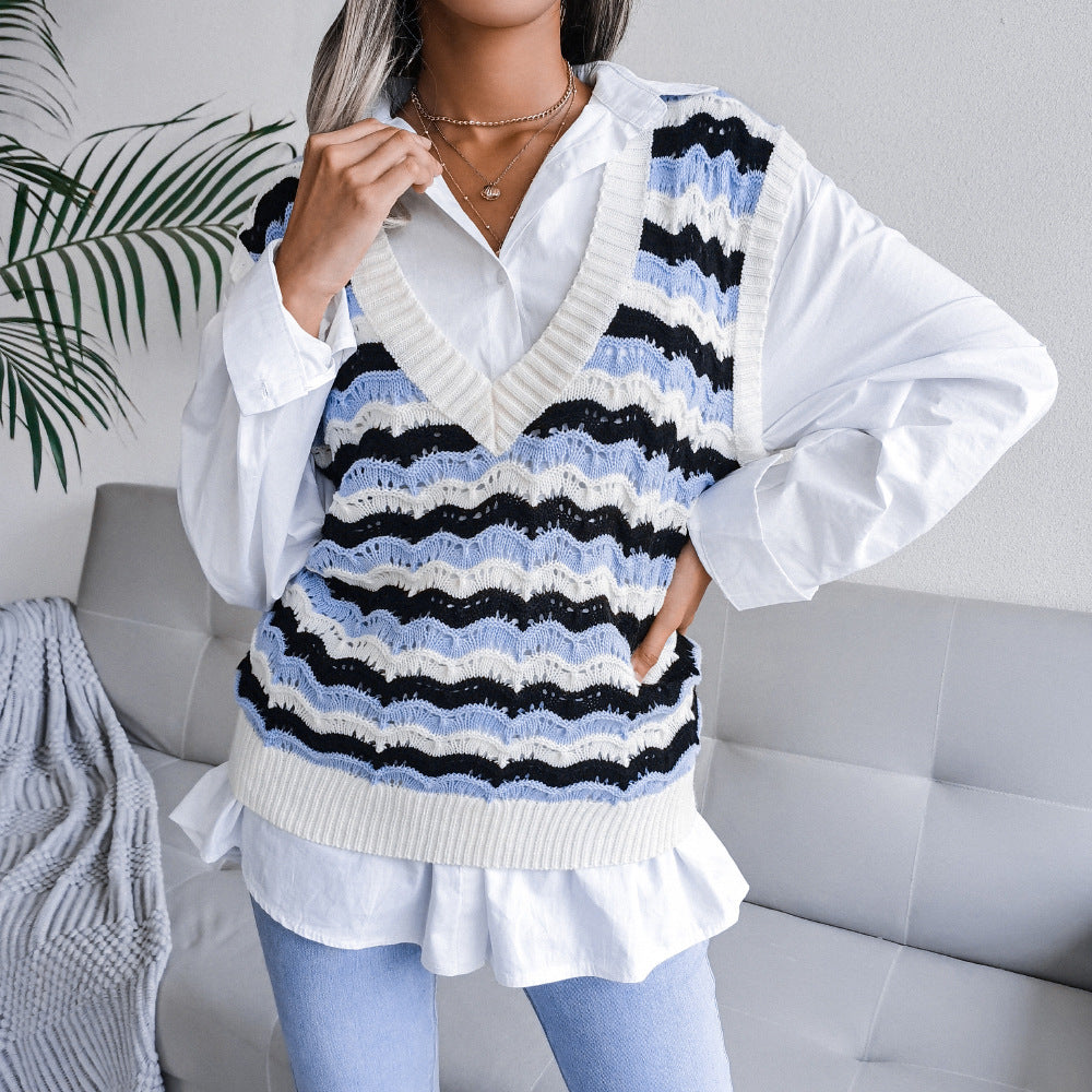 V Neck Loose Stripes Print Sleeveless Women's Sweater Knitted Vest