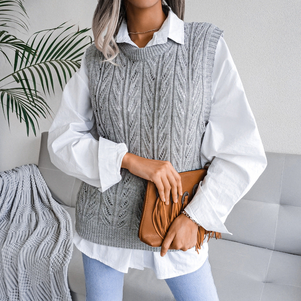 Solid Color Scoop Loose Hollow Sleeveless Fall Women's Sweater Knitted Vest