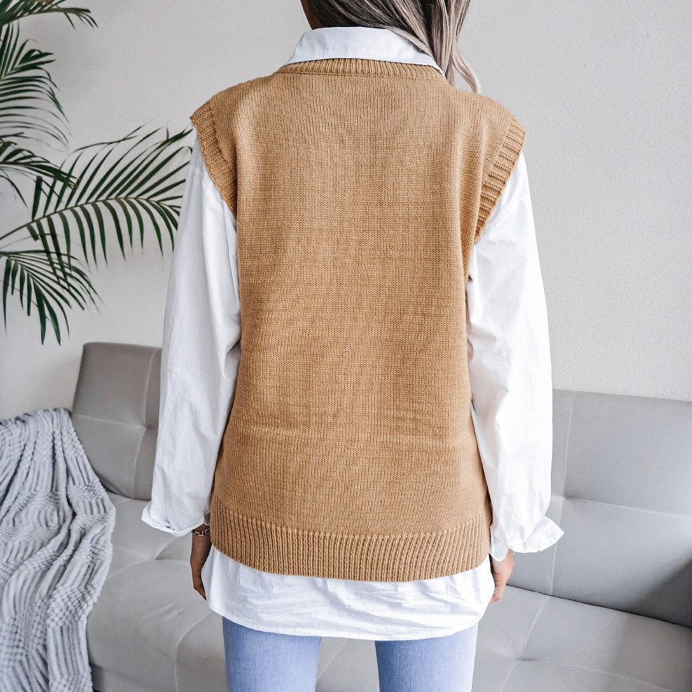 Solid Color Scoop Loose Hollow Sleeveless Fall Women's Sweater Knitted Vest