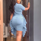 Elegant Office Lady Summer  Ruffles Decor O-Neck Short Sleeve Mid Waist Slim Hips Dress