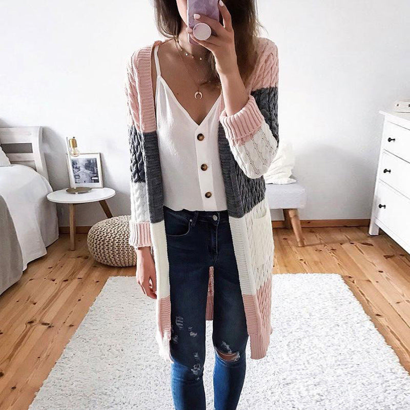 Middle Length Color Block Patchwork Loose Wrapped Women Cardigan Sweater