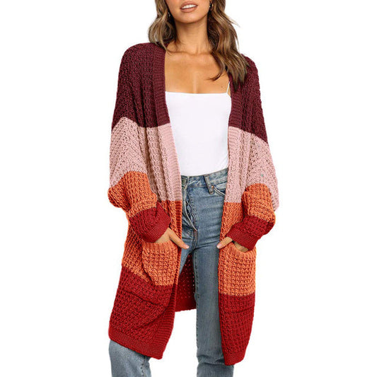 Multi-Colored Striped Splicing Casual Cardigan