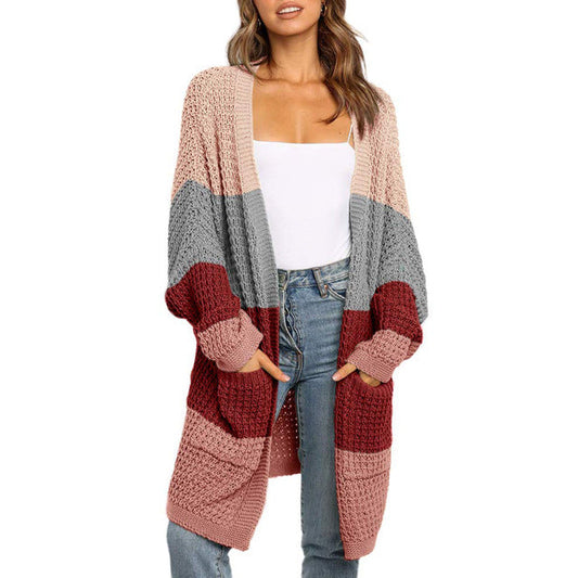 Multi-Colored Striped Splicing Casual Cardigan