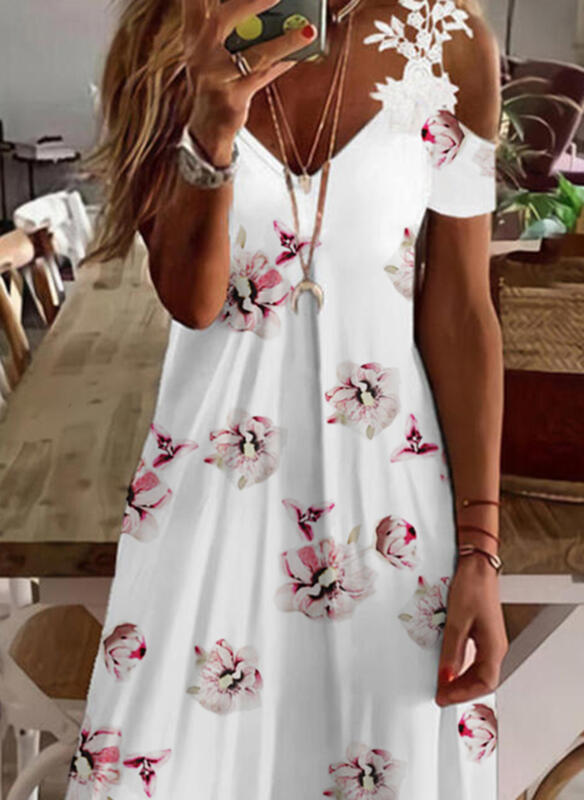 Floral Lace Cold Shoulder Sleeve Above Knee Dress