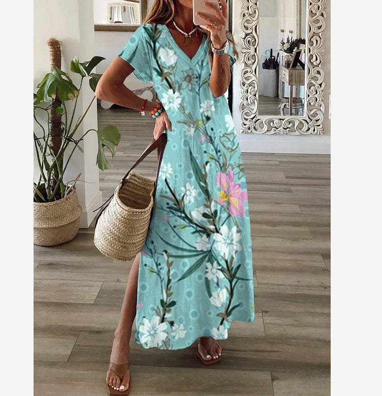 Women's Printed V-Neck Short Sleeve Long Slim Dress