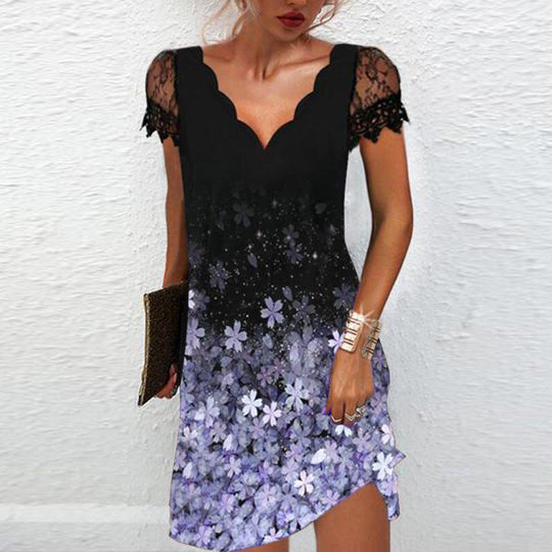 Printed Wavy V-Neck Lace Panel Short Sleeve Dress