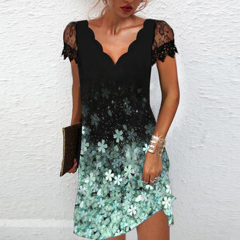 Printed Wavy V-Neck Lace Panel Short Sleeve Dress