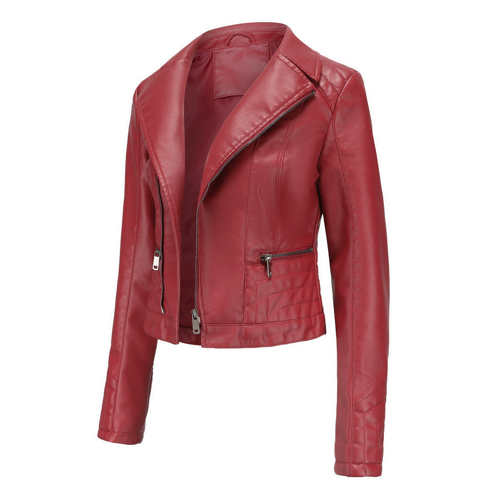 Lapel Washed PU Leather Jacket