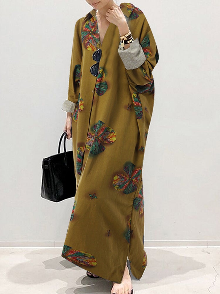 Puff Sleeve Stripe Printed Casual Maxi Dress