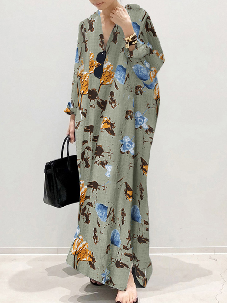 Puff Sleeve Stripe Printed Casual Maxi Dress