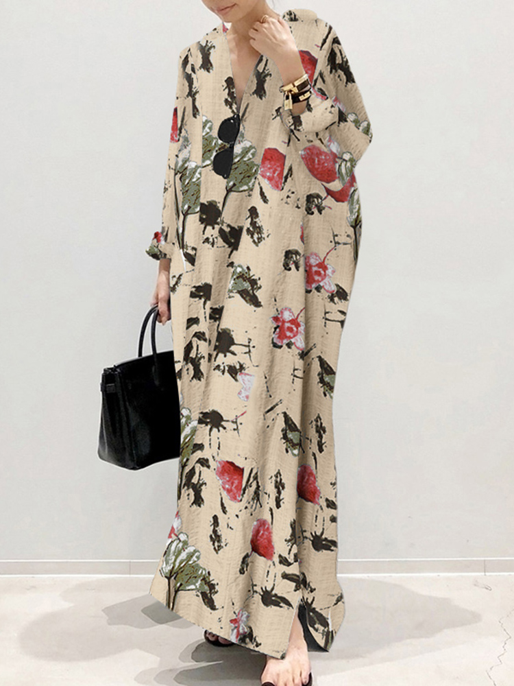 Puff Sleeve Stripe Printed Casual Maxi Dress