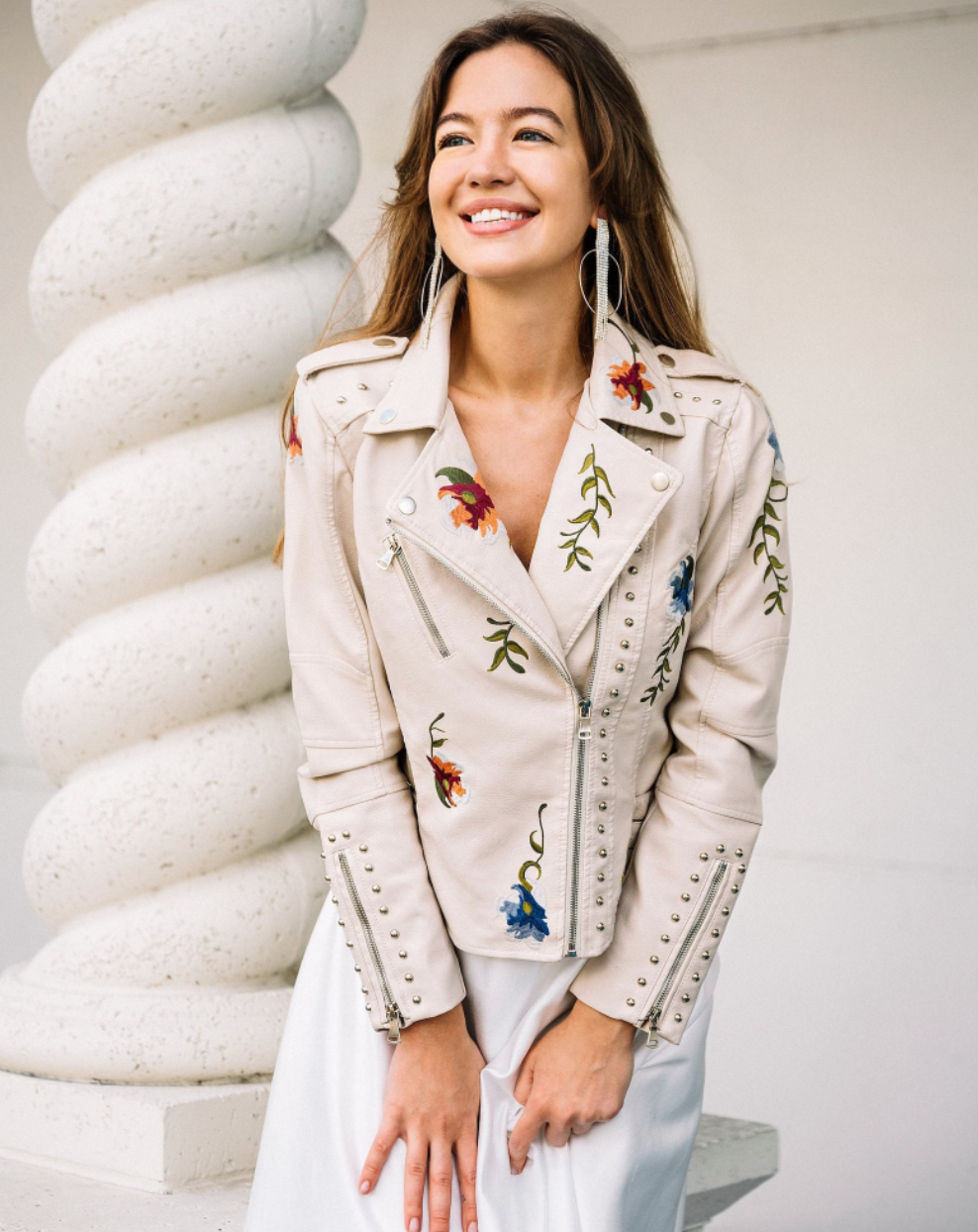 White Floral Leather Jacket