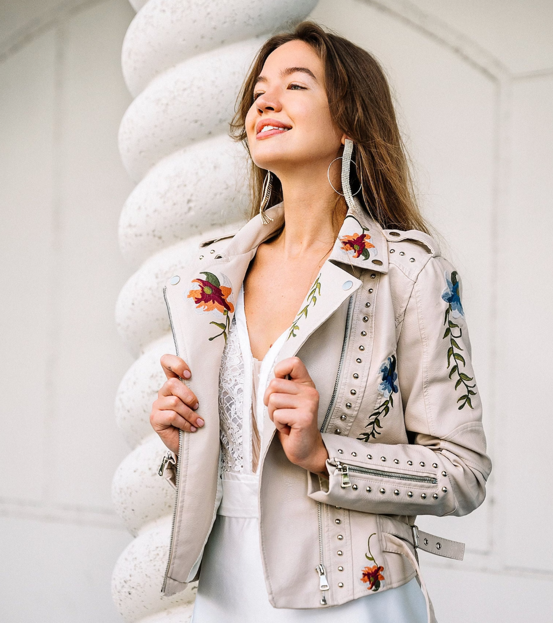 White Floral Leather Jacket