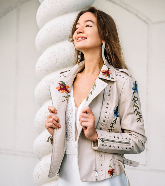 White Floral Leather Jacket