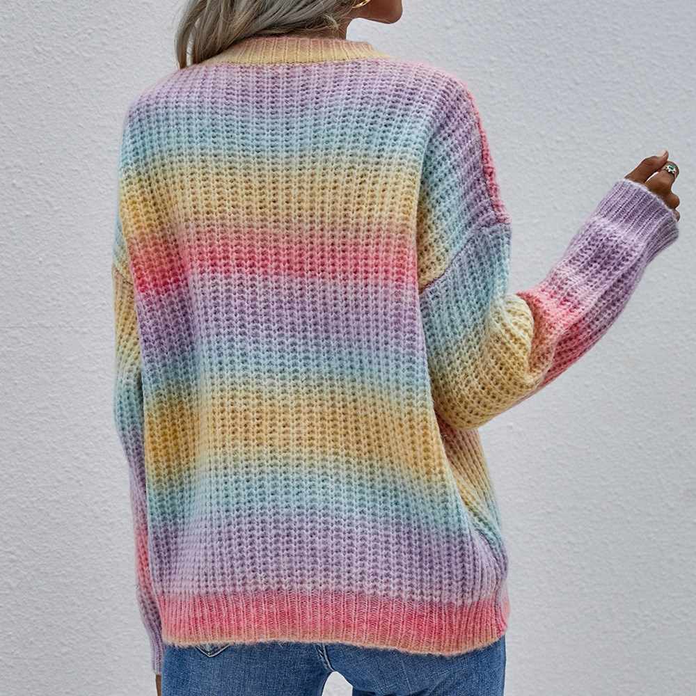 Pullover Striped Round Neck Knit Loose Plus Size Rainbow Ladies Sweater