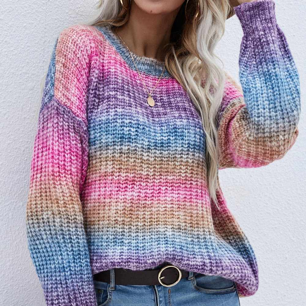 Pullover Striped Round Neck Knit Loose Plus Size Rainbow Ladies Sweater