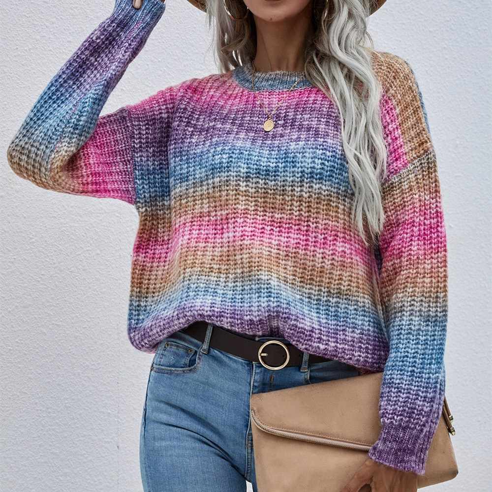 Pullover Striped Round Neck Knit Loose Plus Size Rainbow Ladies Sweater