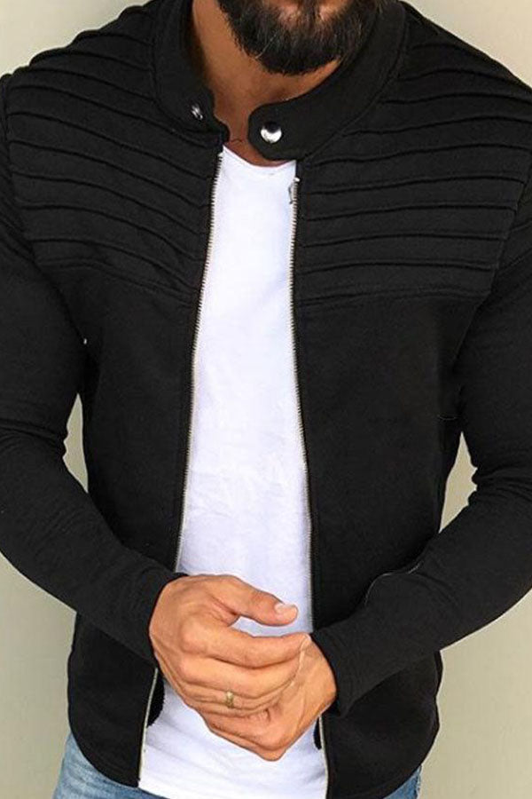 Men's Solid Color Striped Pleated Stitching Jacket