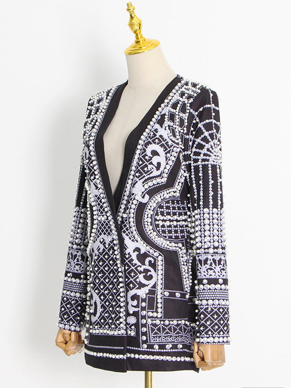 Original Creation Loose Long Sleeves Beads Printed V-Neck Blazer Outerwear