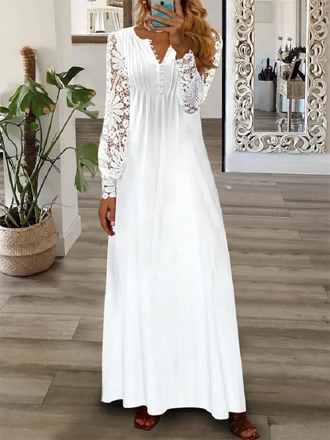 Casual Paneled Lace Long-Sleeved Dress