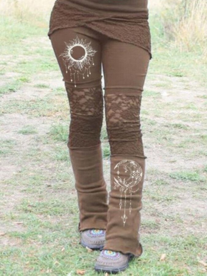 Women's retro lace print patchwork stretch leggings