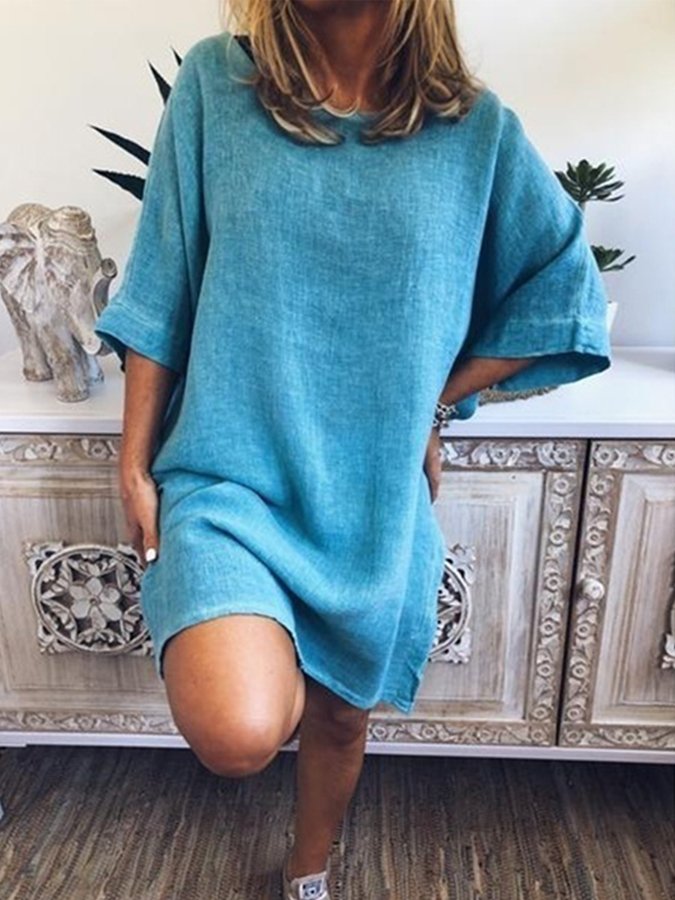 Women's Casual Pure Color Slit Cotton Dress