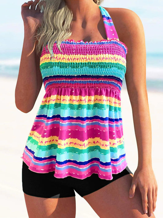 Tie Back Rainbow Stripe Shirred Tankini Set