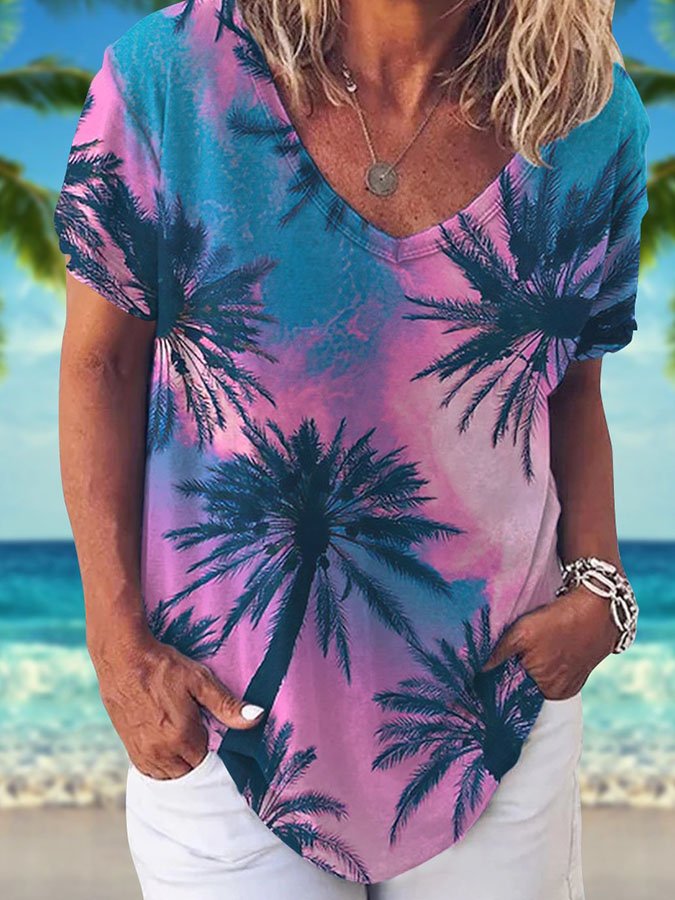 V-Neck Palm Tree Print Short Sleeve T-Shirt