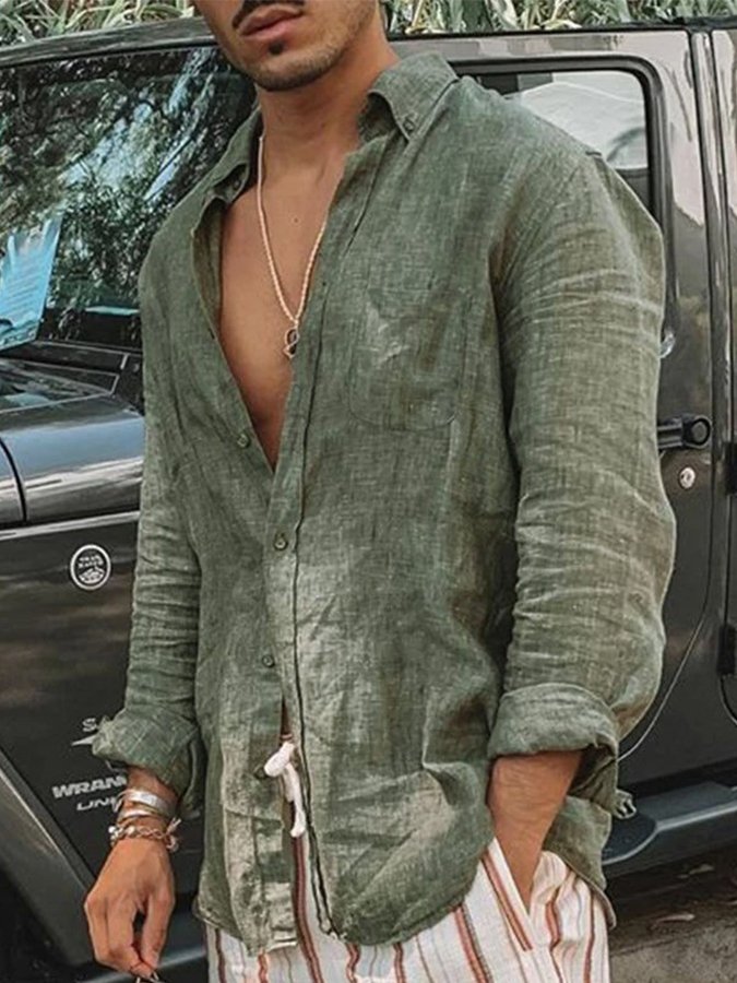 Men's cotton and linen button shirt
