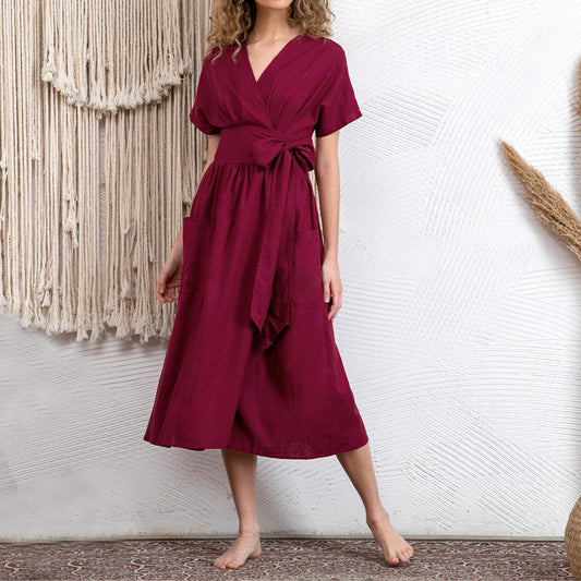 Casual V-Neck Belted High Waist Short Sleeves Linen Dress