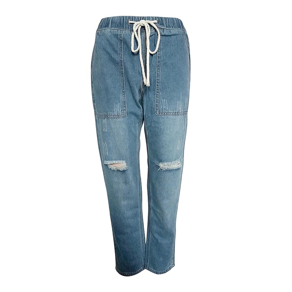 Women Solid Color Hole Low Waist Jeans