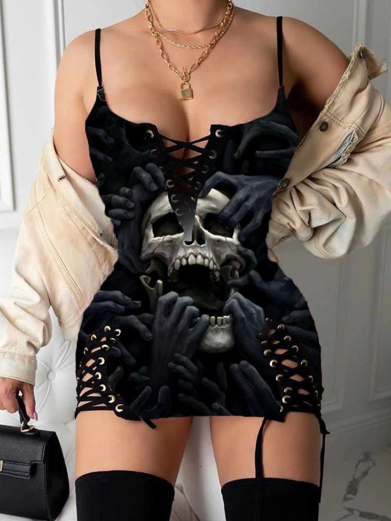 Sexy Lace-Up Skull Printed Cami Dress