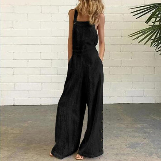 Women Cotton Sleeveless Vintage Wide-Leg Jumpsuit With Side Pockets